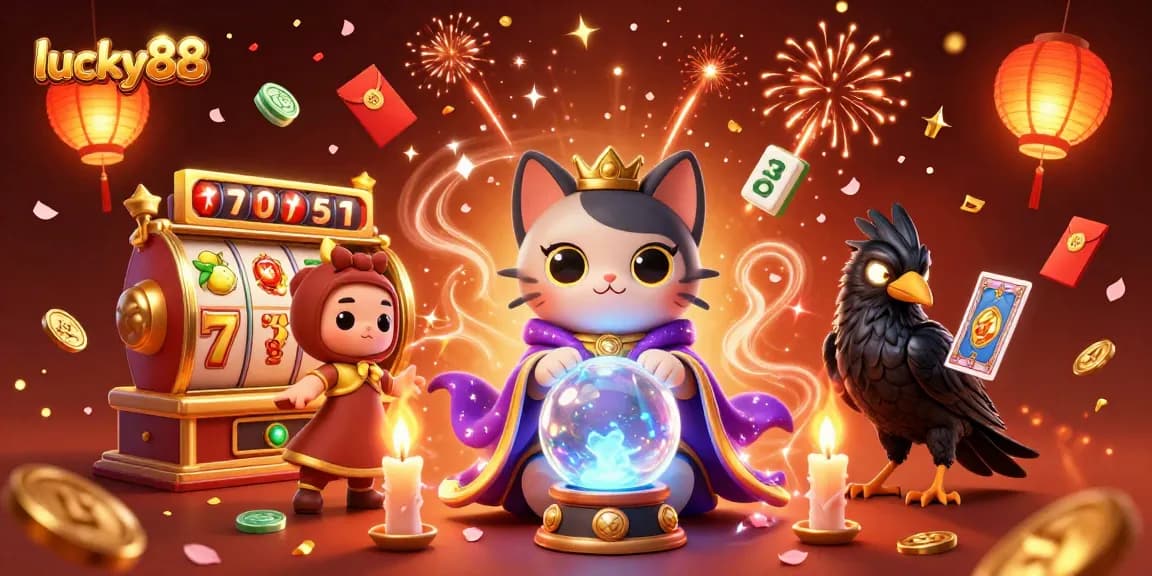 Play lucky88 with dynamic slot action and mystical elements in this colorful illustration.