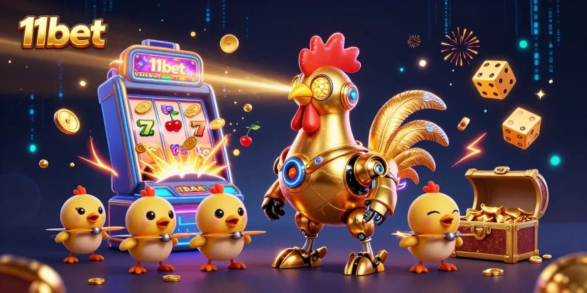 Engage in thrilling 11bet slots with dynamic golden casino symbols and robotic characters.