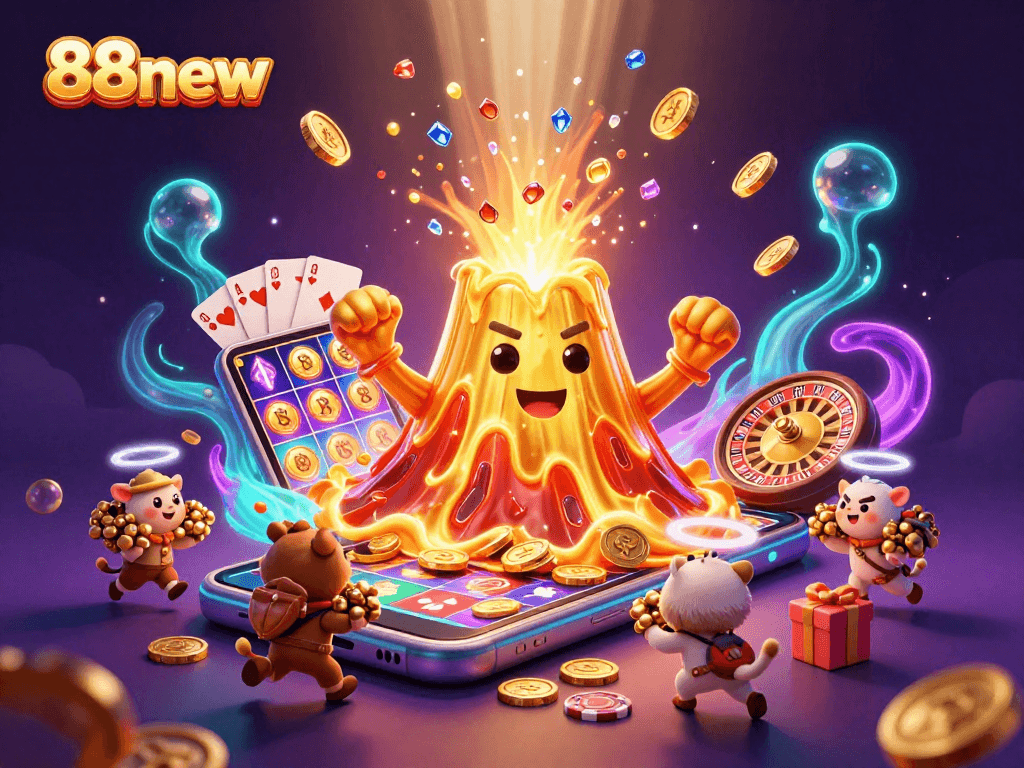 Experience thrilling treasures at 88new with a cartoon volcano and vibrant gambling elements.