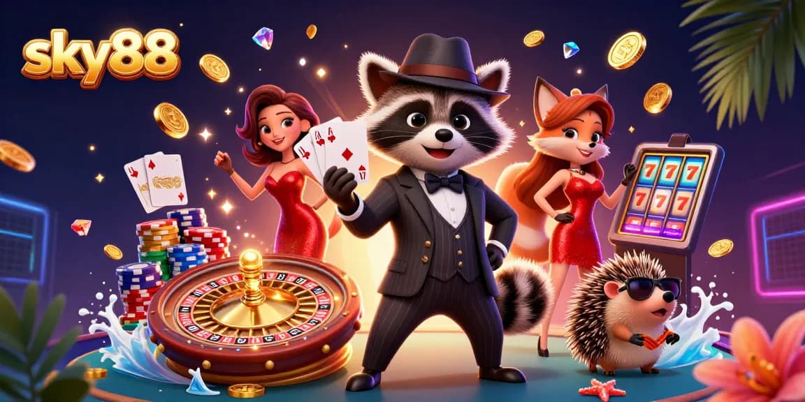 Engage with thrilling casino action at sky88 as a suave raccoon flaunts a royal flush while surrounded by sparkling gems and vibrant game elements.