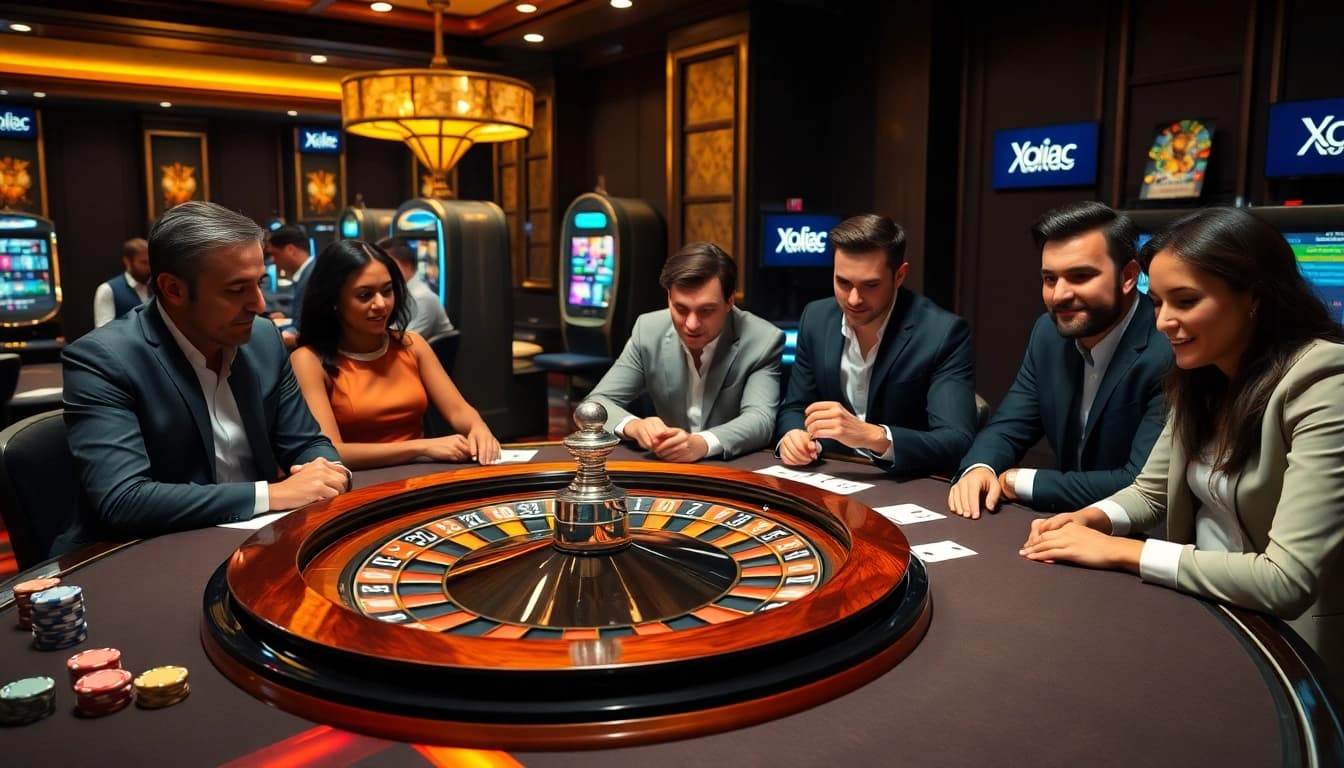 Xoilac gaming excitement at a luxurious casino with a roulette wheel and poker players.