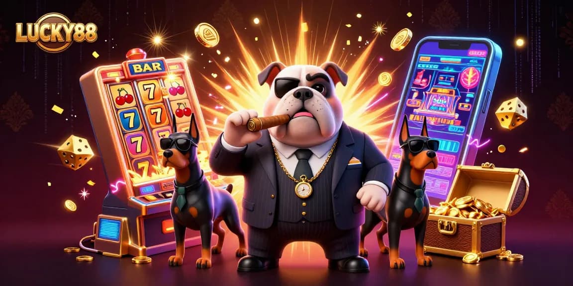 Engage with LUCKY88 as the mafia boss and bodyguards celebrate jackpot wins in the casino.