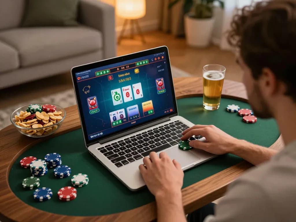 Engaging with a live dealer game on a laptop at home, showcasing nhà cái uy tín nhất hiện nay