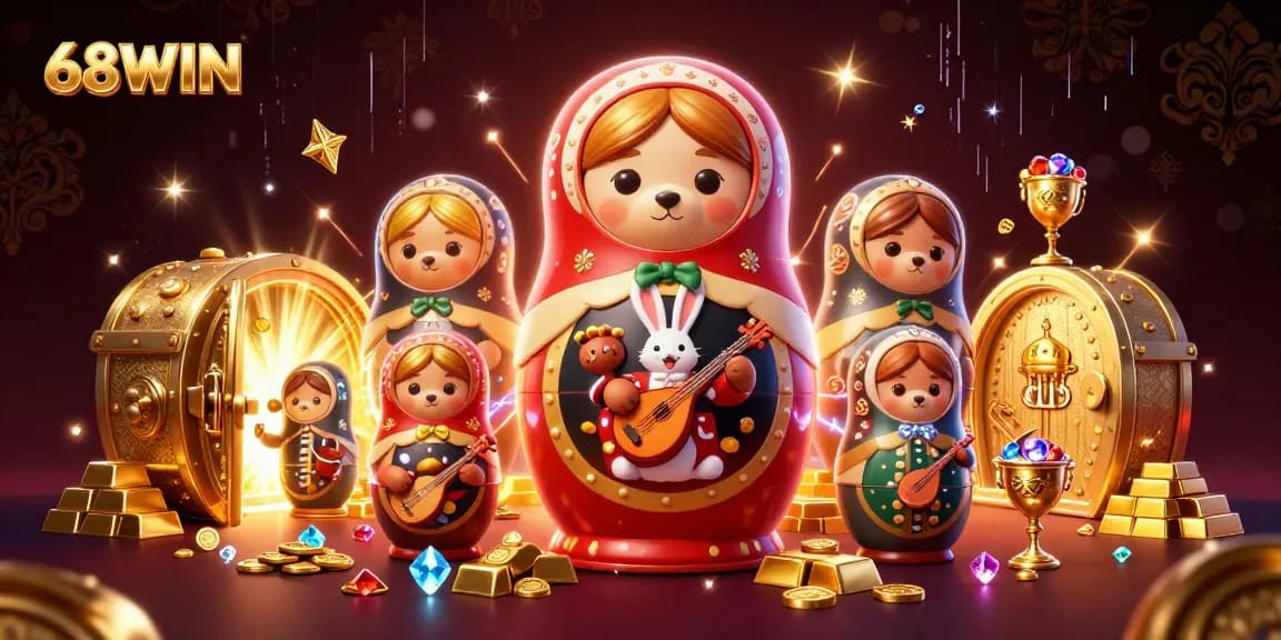 Experience thrilling gaming action with 68WIN's vibrant casino scene featuring playful characters.