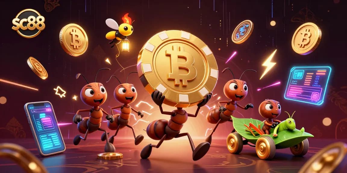 Enhance your gaming experience at SC88 with ants carrying a golden poker chip amidst vibrant crypto elements.