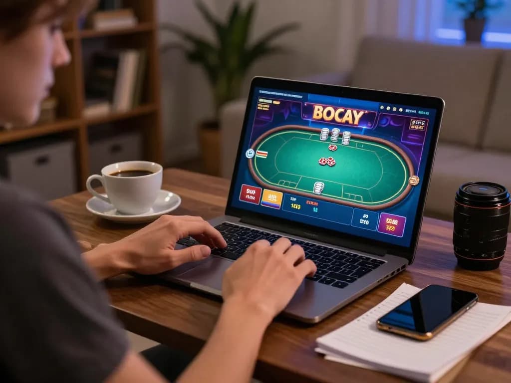 Online player enjoys immersive casino experience at https://nk88.boo/ with poker game on laptop
