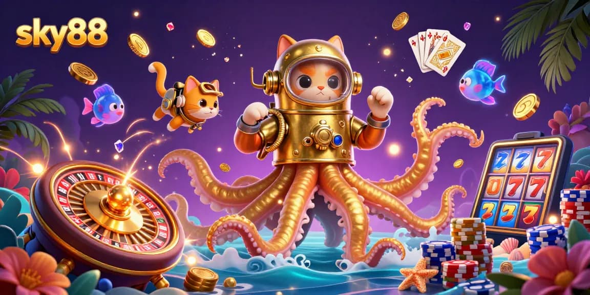 Experience thrilling gameplay at sky88, featuring animated kraken and diving cat with casino elements.