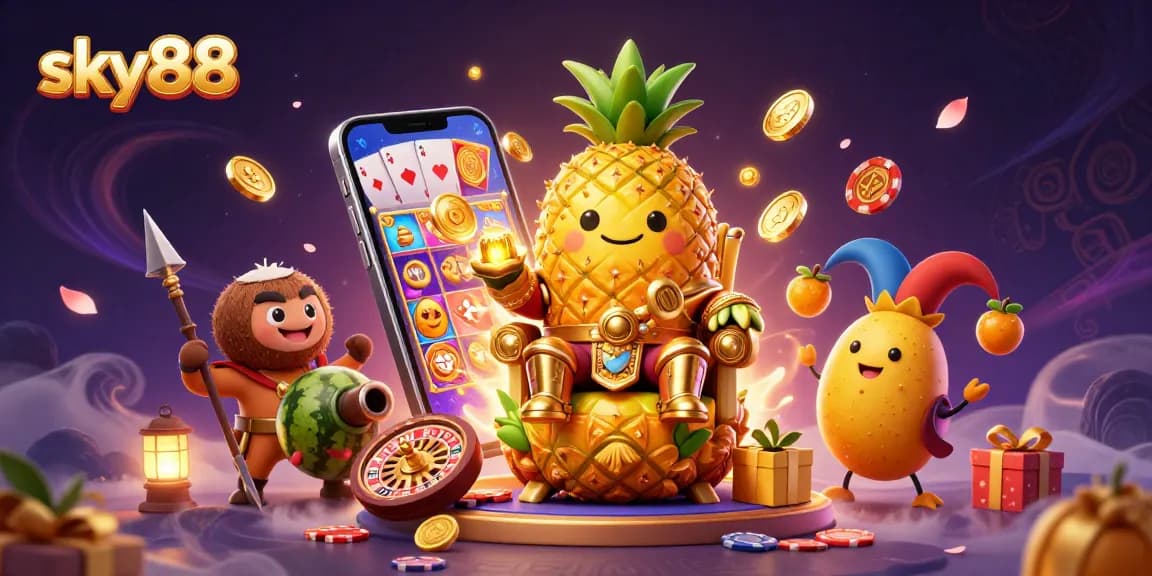 Engage with sky88's vibrant online casino world through a whimsical 3D illustration of a golden pineapple king surrounded by casino elements.