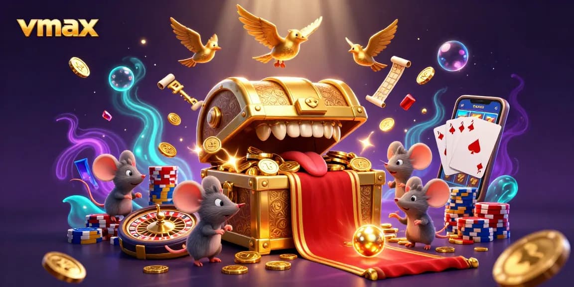 Experience riches with vmax in this captivating casino illustration featuring a treasure chest and spinning roulette.