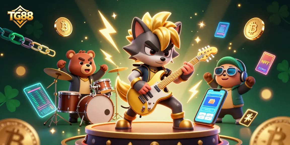 Experience high-energy gaming at TG88, featuring an exhilarating casino stage with rock star characters.