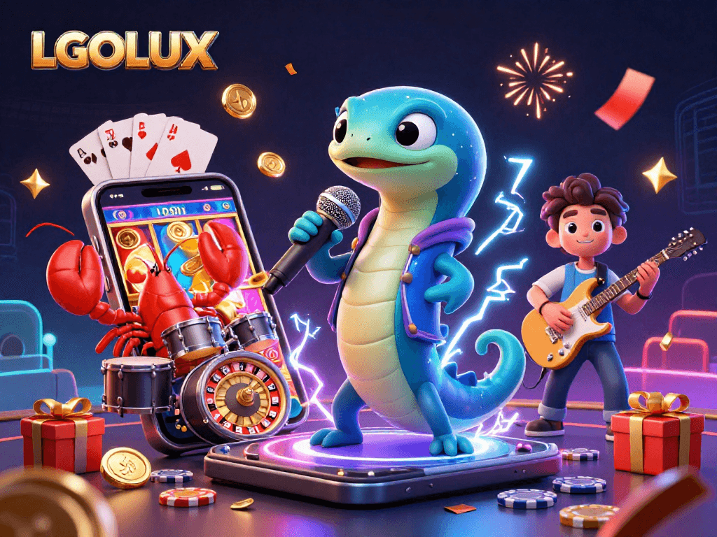 LGOLUX showcases an electrifying 3D casino scene with a DJ eel, lobster drummer, and seahorse guitarist.