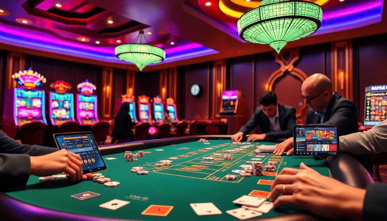 Alo789 players engaging in a thrilling blackjack game at a luxurious casino table showcasing casino chips and cards.
