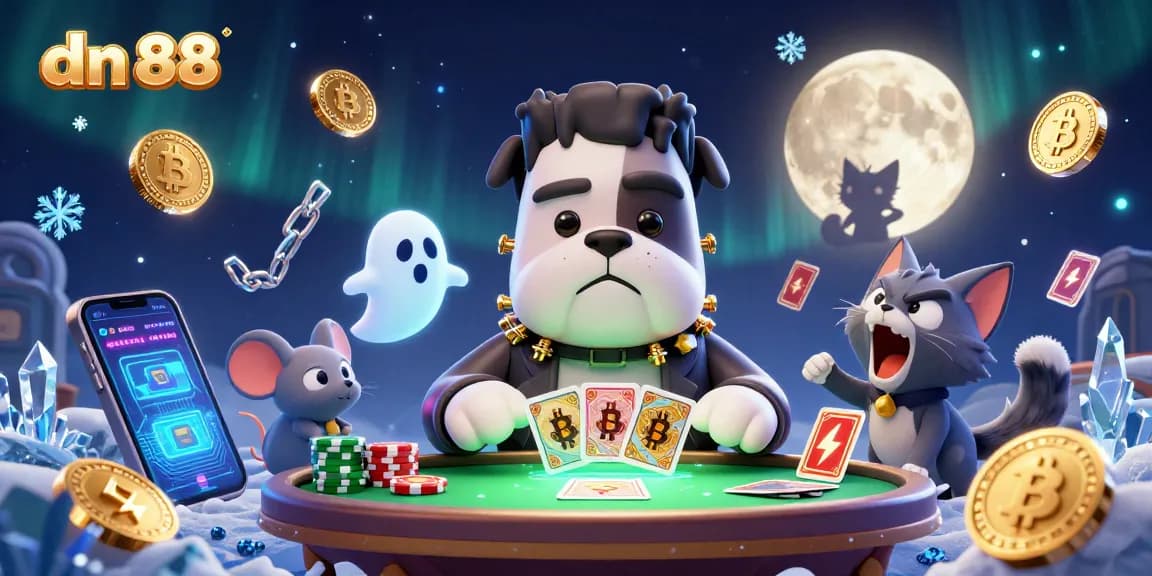 Join the thrilling world of dn 88 casino where a Frankenstein bulldog deals cards amidst a lively gaming atmosphere.