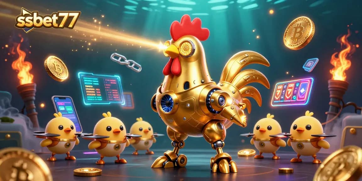 Engage in thrilling gameplay at ssbet77 with iconic golden rooster robot and crypto elements.
