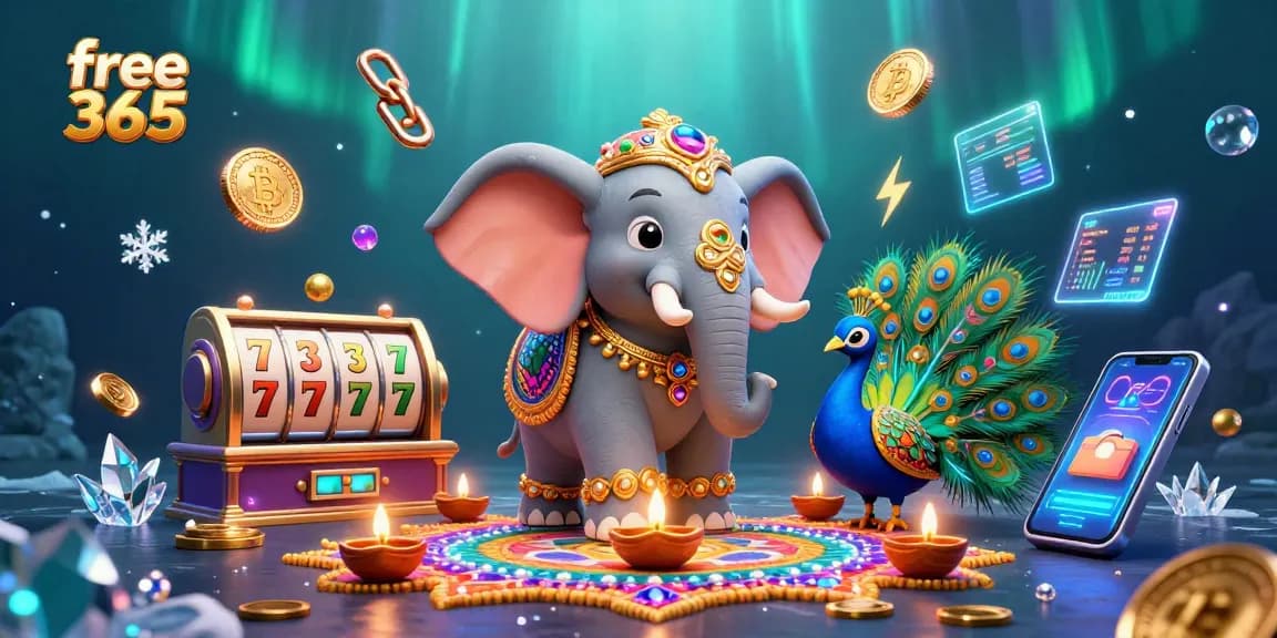 Engage with free credit 365 in this vibrant scene with casino elements and festive illustrations.