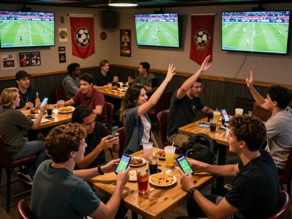 Socolive viewers cheering as they engage with live football streaming and betting strategies in a lively sports bar atmosphere.