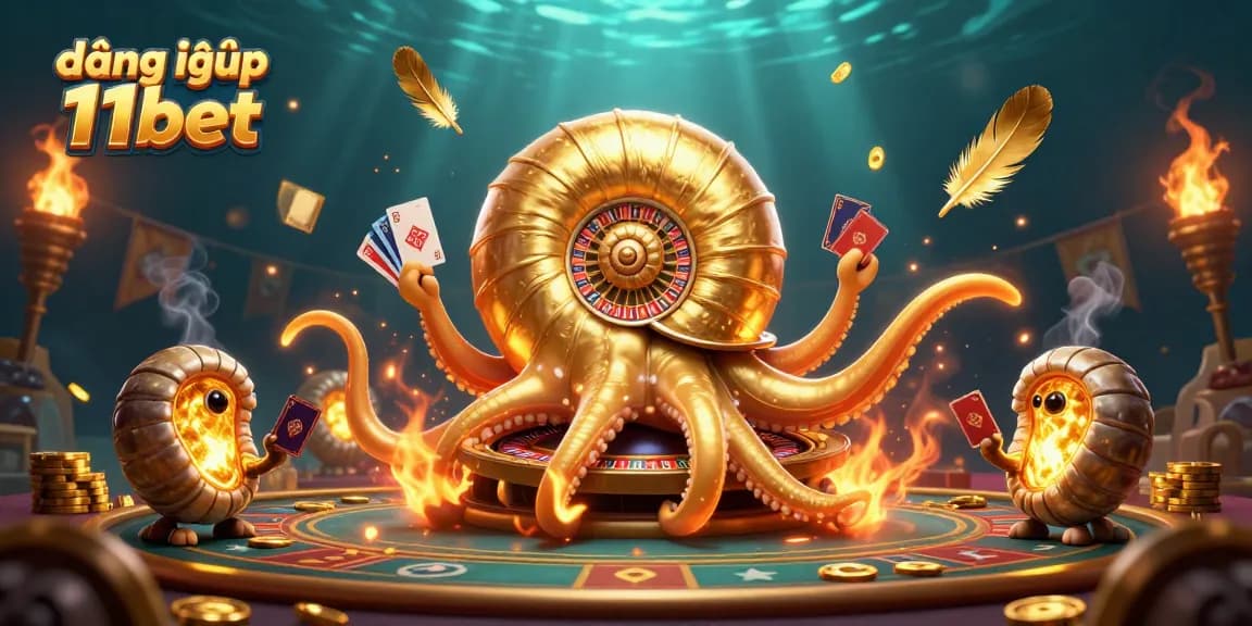 Engage in exciting games at đăng nhập 11bet with a thrilling 3D casino scene featuring a giant nautilus and golden tokens.