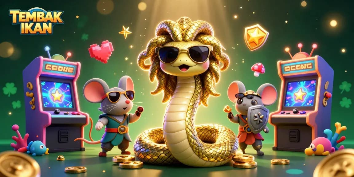 Engage in TEMBAK IKAN gameplay with Medusa and friends in a vibrant casino-themed illustration.