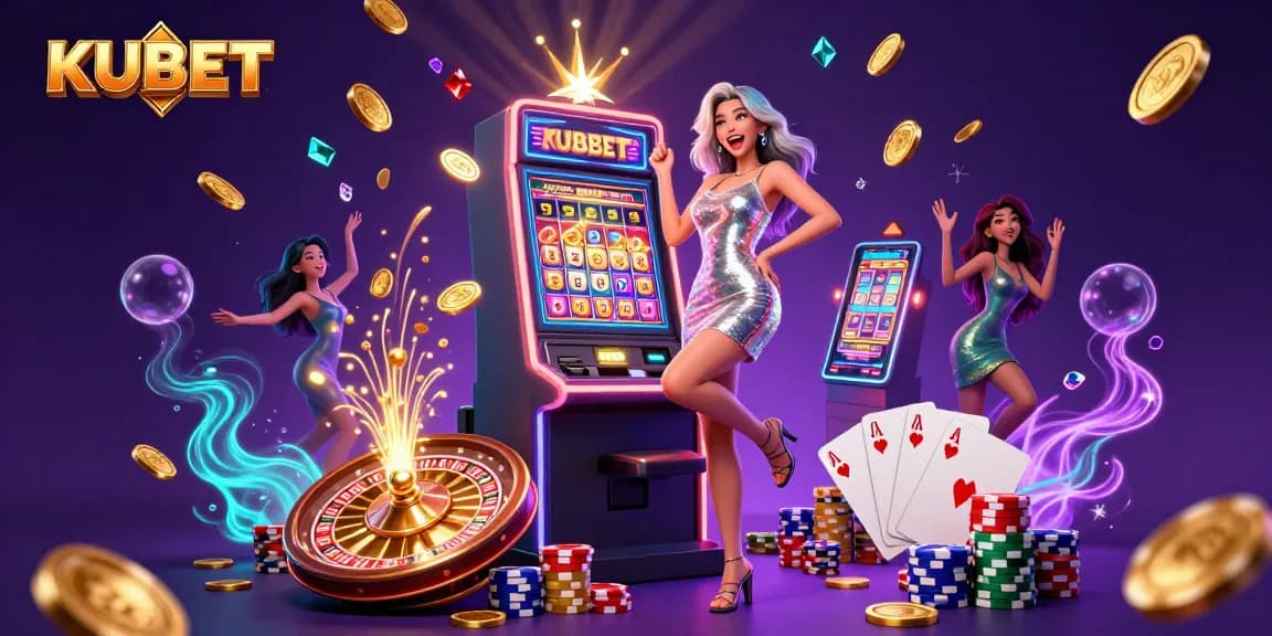 KUBET offers thrilling slot machine jackpots with elegant Asian woman celebrating amidst dynamic casino elements.