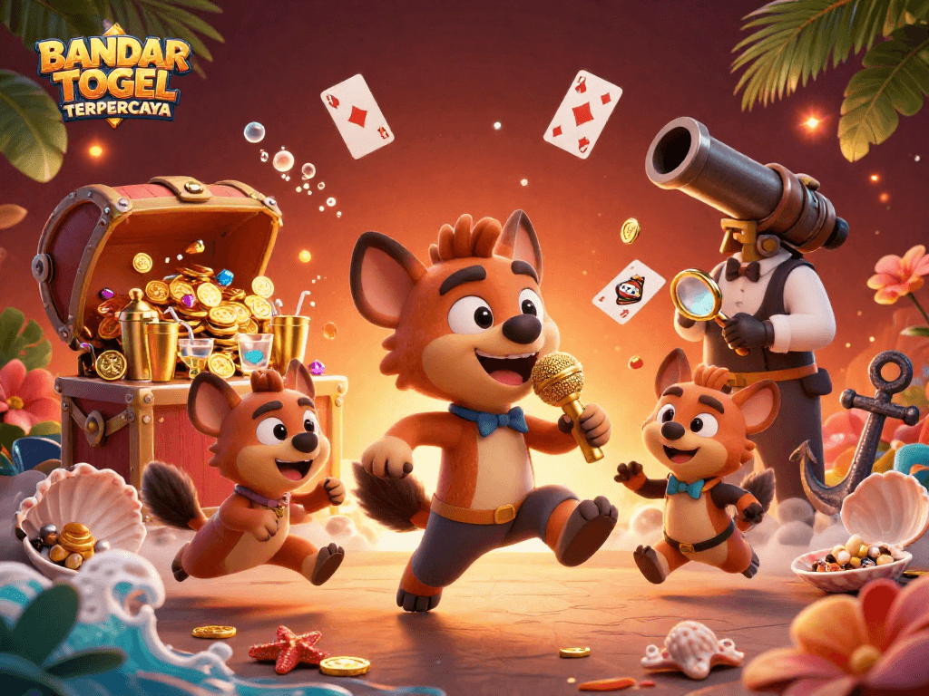 BANDAR TOGEL TERPERCAYA showcases a vibrant casino scene with hyenas comic performers and dynamic game elements.