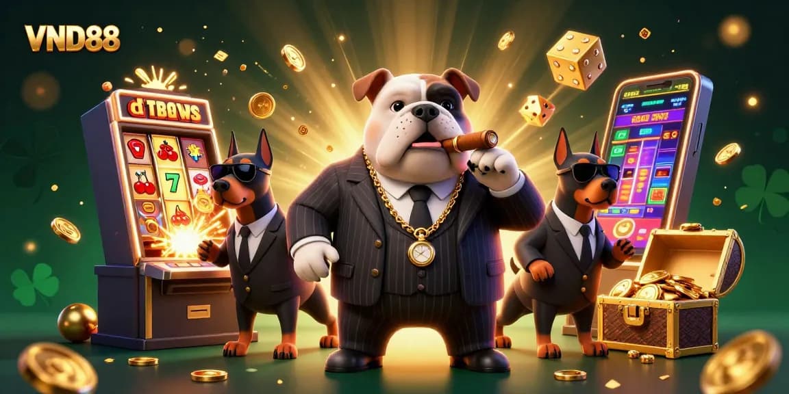 Experience thrilling gameplay with VND88's vibrant casino scene featuring a cartoon mafia bulldog and jackpots!
