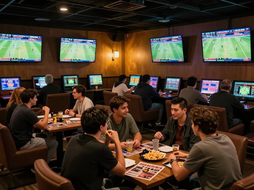 Kèo nhà cái users analyzing betting odds together in a vibrant sports betting lounge with live games.