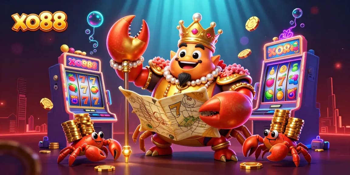 Join the excitement at xo88 with this vibrant scene showcasing spinning slot machines and treasure.