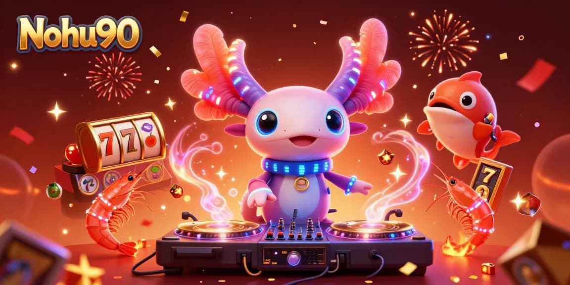 Nohu90 captivates with a vibrant scene of a neon axolotl DJ spinning on underwater turntables amidst lottery symbols and jackpot excitement.