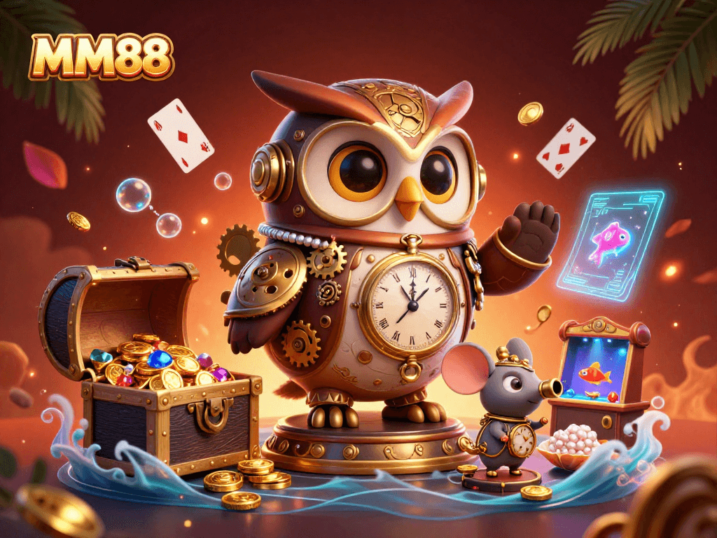 Engage with MM88's thrilling casino adventure in a vibrant 3D illustration featuring steampunk owl and treasures.