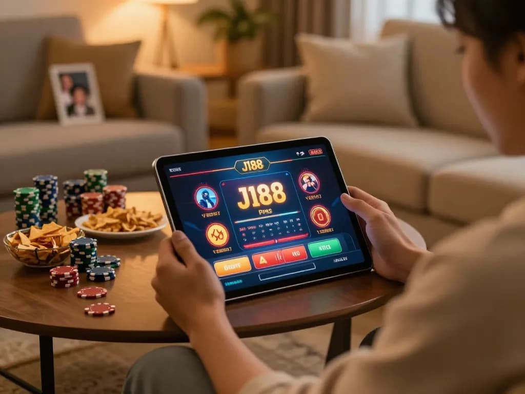 Engaging mobile gaming experience on the J188 app showcasing poker gameplay in a cozy home setting.