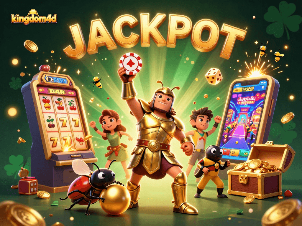 Menaikkan chip poker di KINGDOM4D, simbol keberuntungan bersinar di latar belakang jackpot luar biasa.