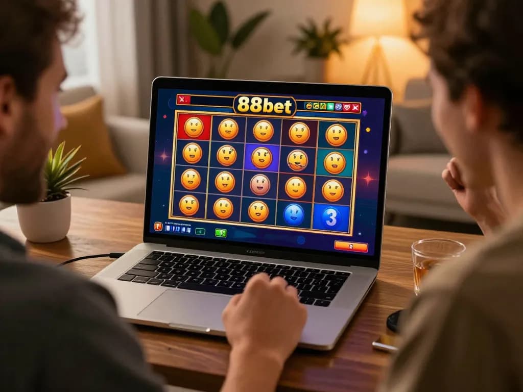 88bet player celebrating a big win on slots in a cozy home setup, showcasing the excitement of online gambling