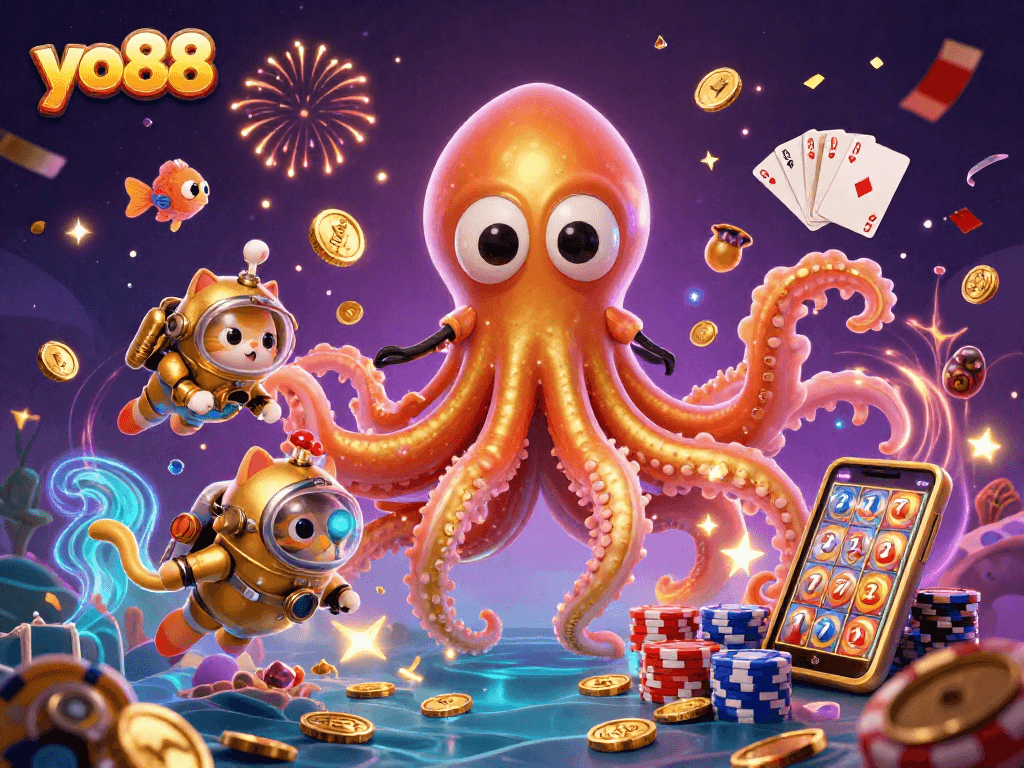 Experience the thrill of yo88 with a festive scene featuring a kraken and diving cat amidst casino elements.