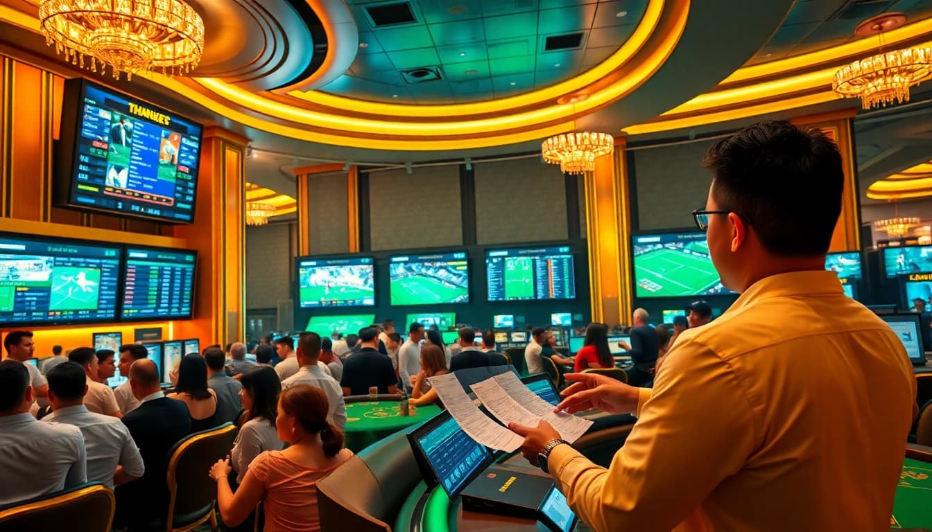Experience the thrill of Thể thao 11BET as bettors engage with live sports events and betting strategies in a luxurious casino.