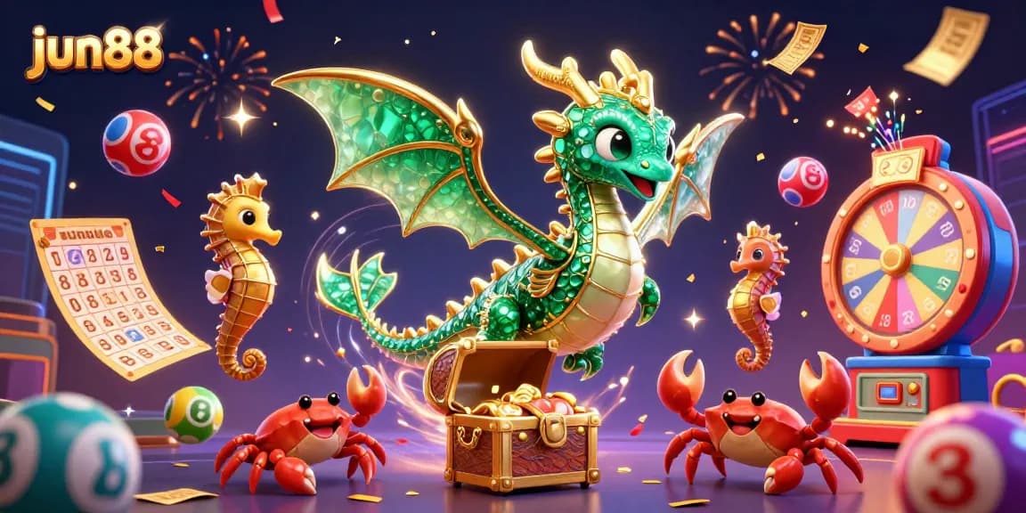 Experience exhilarating wins with jun88's vibrant casino-themed illustration filled with lively game elements.
