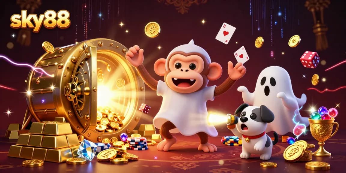 Engage with the thrilling atmosphere of sky88’s vibrant haunted casino featuring a mischievous monkey juggling gold.