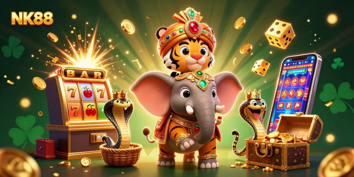Experience jackpot thrills with NK88's vibrant 3D illustration showcasing dynamic casino elements and characters.