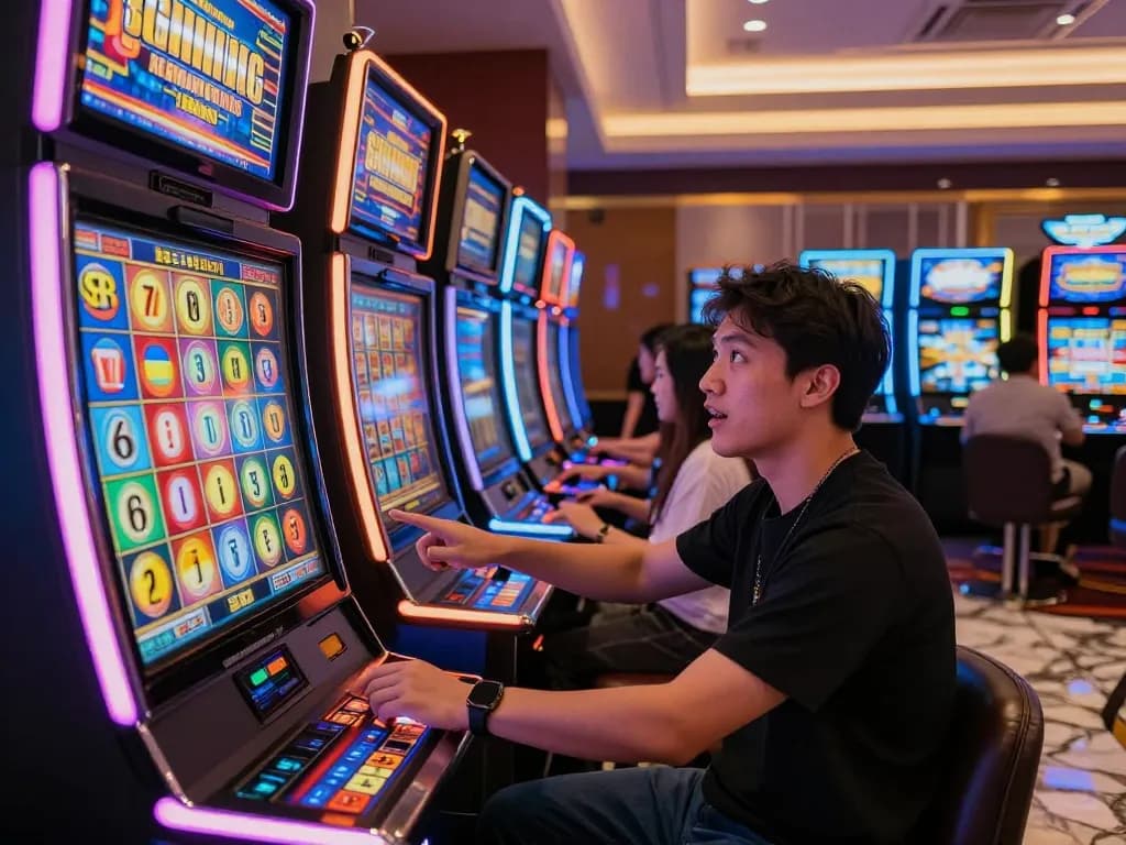 Experience the thrill of gameplay at SGWIN66 with vibrant slot machines lighting up the casino floor.