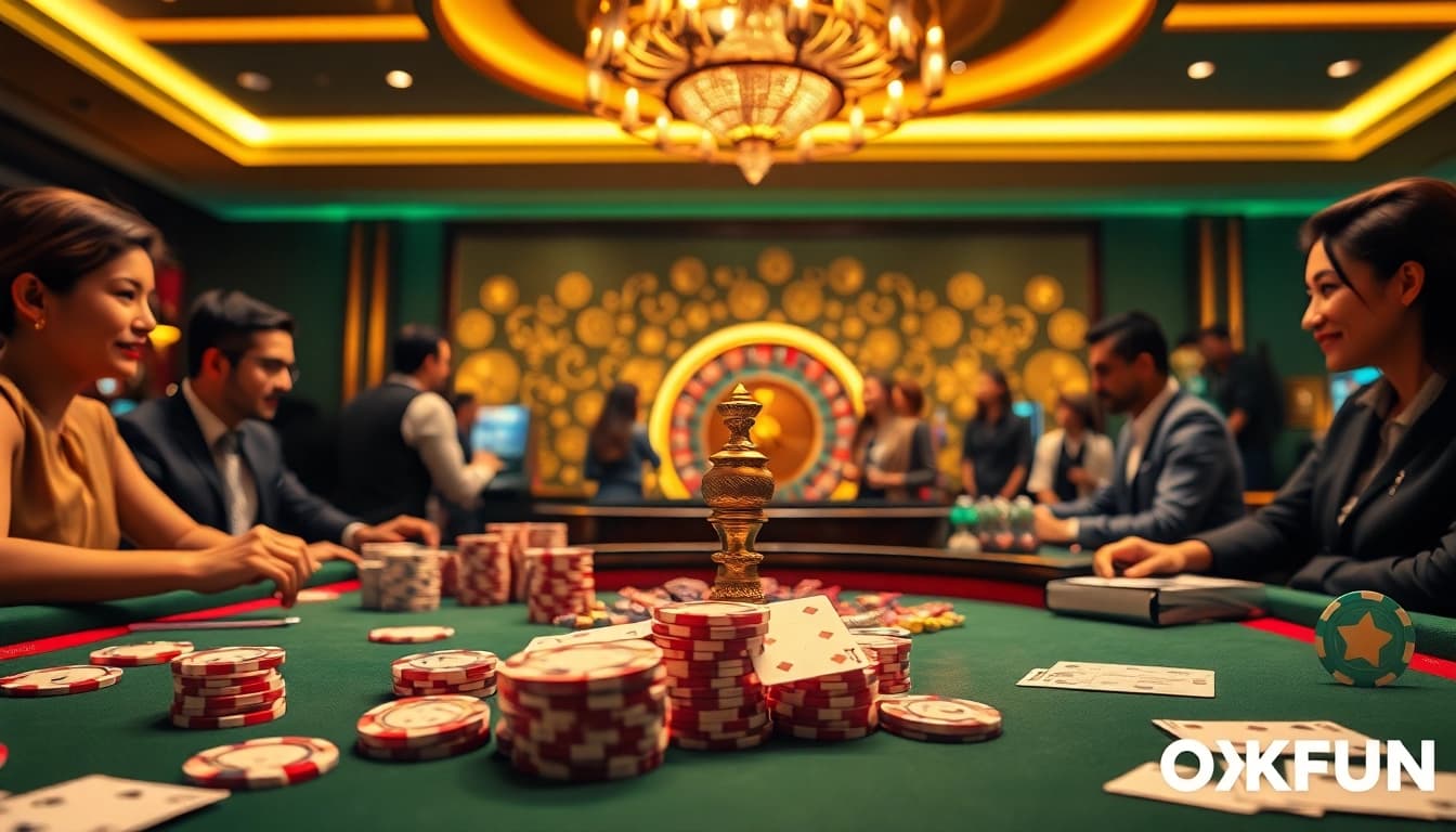 OKFUN players enjoying a dynamic game at a glamorous casino table with vibrant poker chips.