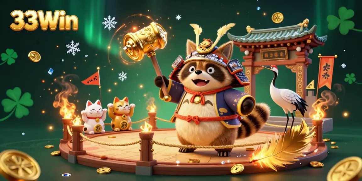 Engage with 33Win's vibrant casino world featuring a cheerful tanuki and lucky symbols amidst dynamic gambling elements.