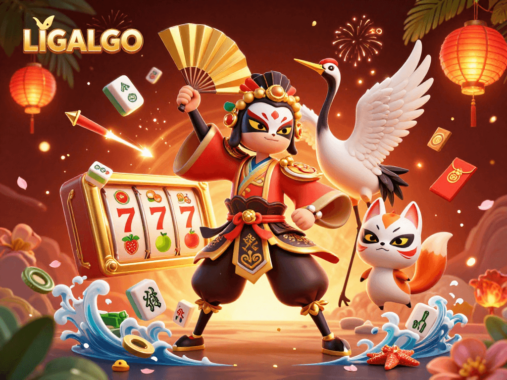 LIGALGO offers a captivating gaming experience with a kabuki warrior and slot elements in a vibrant scene.