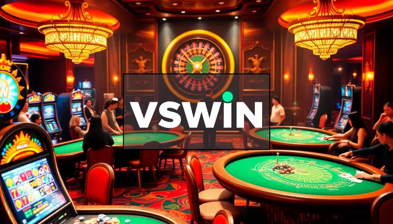 Exciting casino scene highlighting VSWIN's thrilling games, vibrant atmosphere, and luxurious gambling experience.