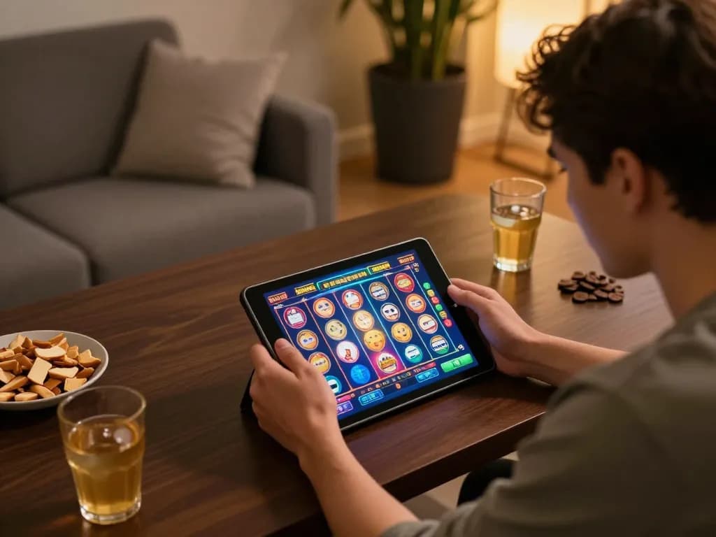 Pemain berinteraksi dengan ap686 di tablet, menampilkan antarmuka permainan slot online yang menarik dalam suasana yang nyaman