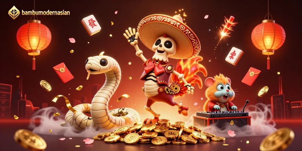 Bambumodernasian showcases vibrant casino thrills with a dancing mariachi rooster amidst festive gaming elements.