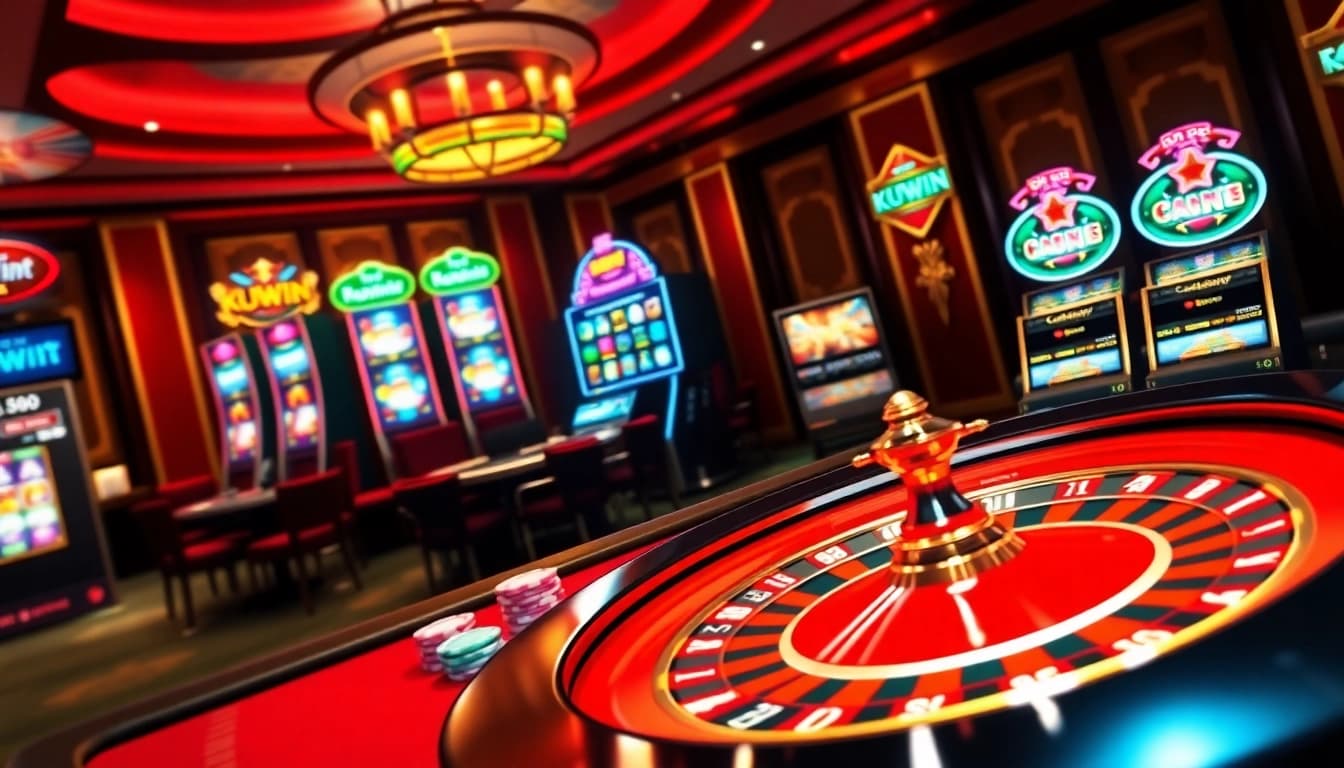 Kuwin online casino showcasing an exciting table game and vibrant slot machines, capturing the thrill of gambling.