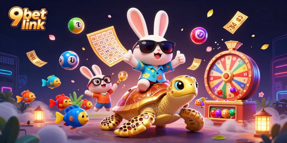 Engage with the vibrant world of 9bet link through an exciting lottery scene full of lively characters and elements.
