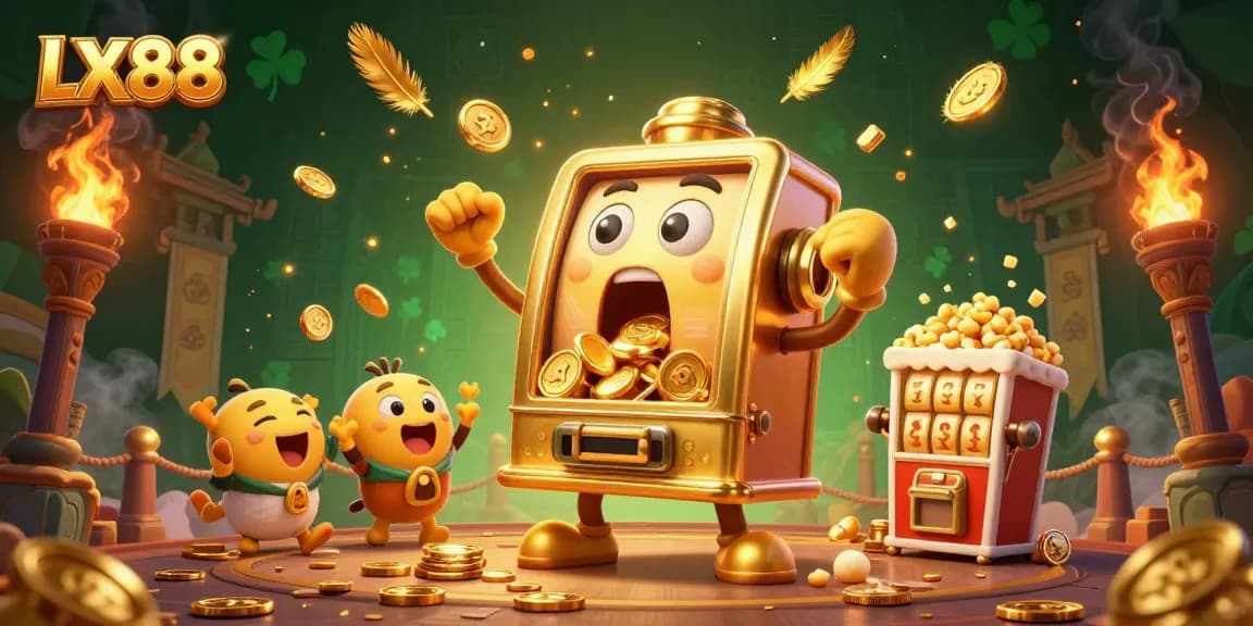 Transform your luck with LX88's golden jackpot slot machine as coins rain down in this vibrant casino scene.