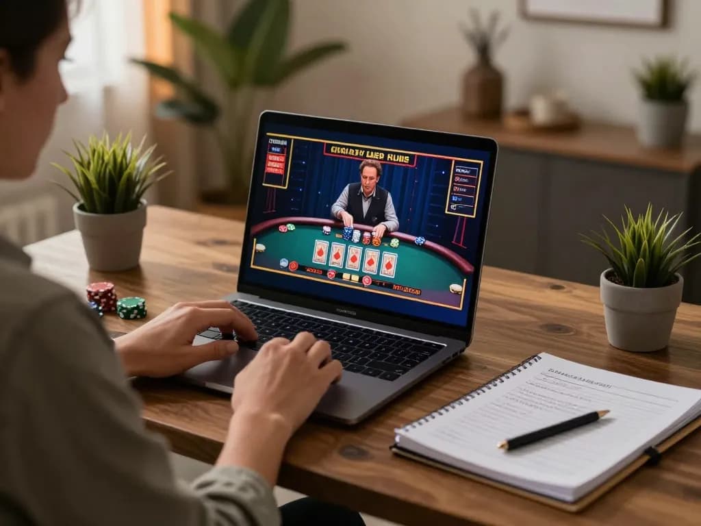 Online player engaging in gem88 live dealer game at home, strategizing with notes.