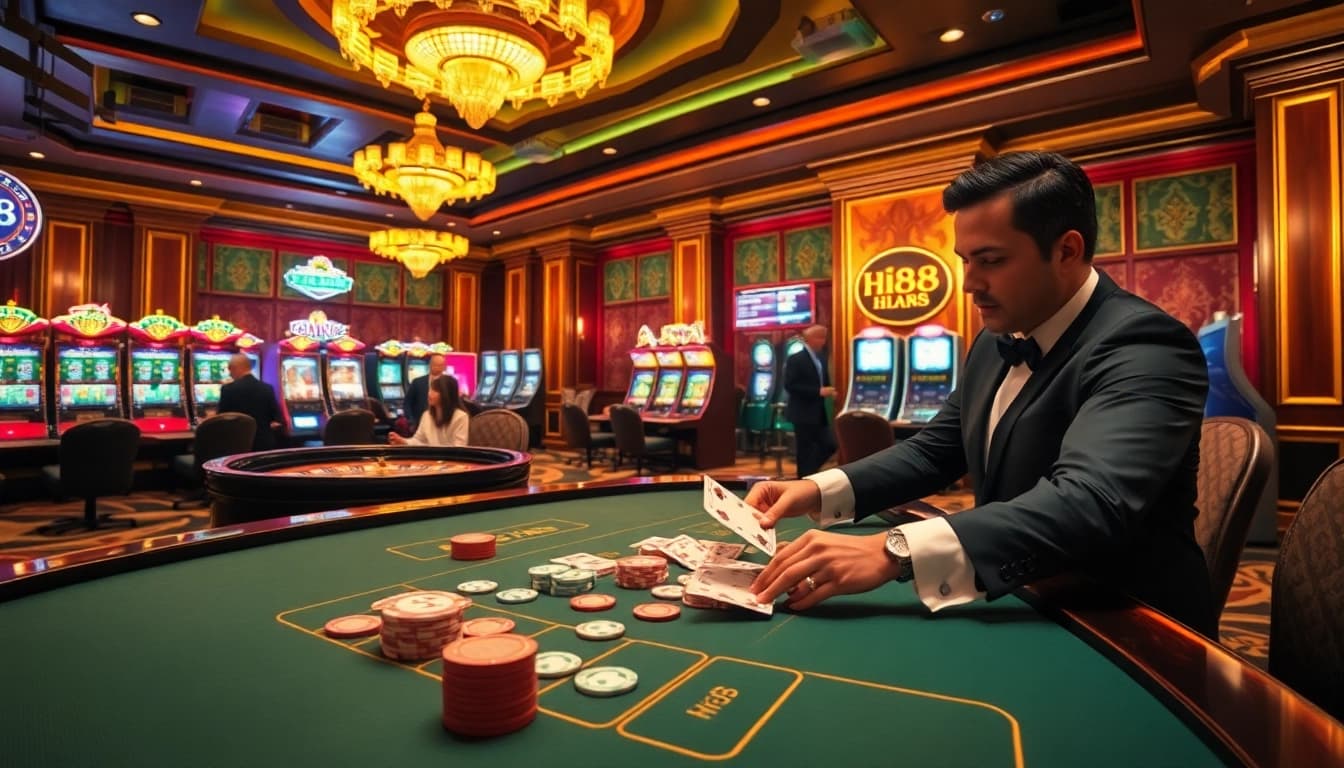 Exciting casino action at Hi88 with dealers, cards, and roulette wheel