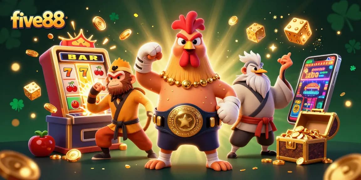 Experience the excitement of five88 with dynamic characters and a jackpot explosion in this vibrant casino illustration.